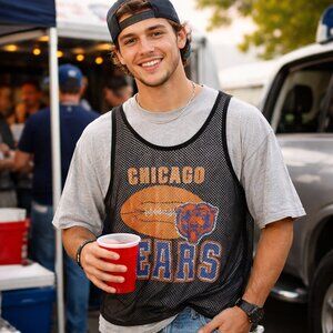 Chicago Bears VTG SZ L Single Stitch Unisex Gray Tee With Mesh Tank Overlay RARE